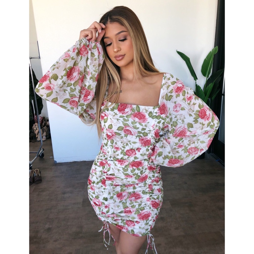 . OOTDFASH Cream/Colorful Floral Ruched Long Sleeve Bodycon Mini Dress - Picture 5 of 11